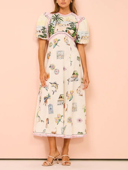 Sweet Printed Puff Sleeve Midi Dress