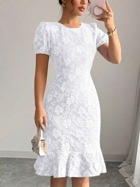 Sweet Ruffle Zipper Short Sleeve White Dress