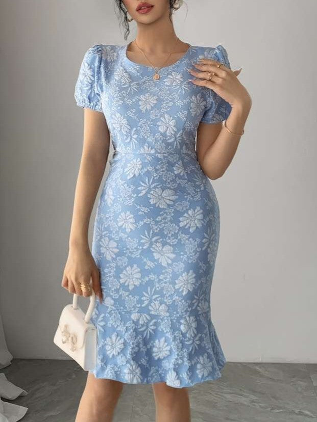 Sweet Ruffle Zipper Short Sleeve Blue Dress