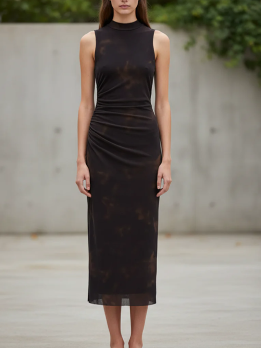 Sweet Sleeveless Ruched Side Brown Dress