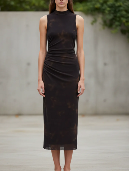 Sweet Sleeveless Ruched Side Brown Dress