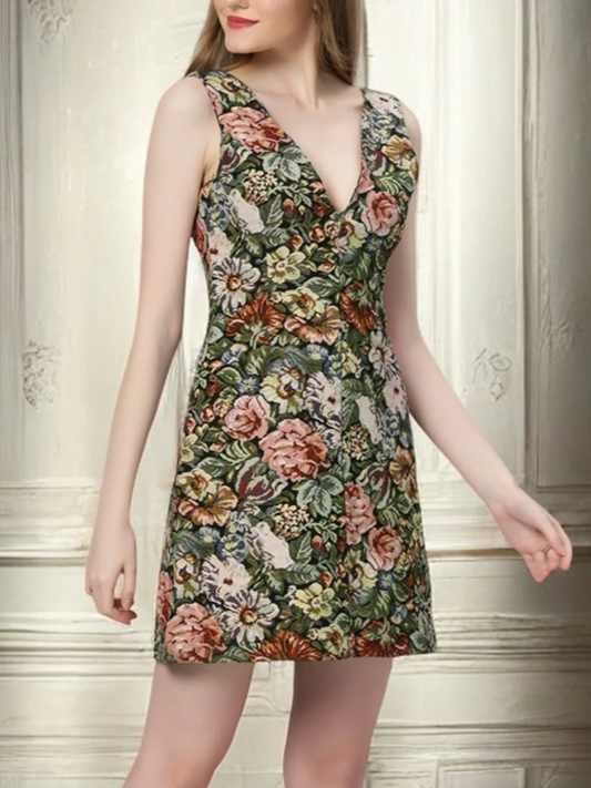 Trendy Jacquard Floral V Neck Mini Dress