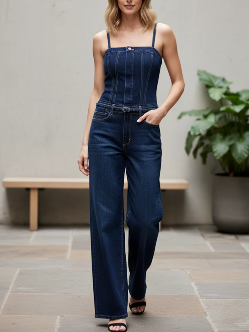 Trendy Strap Style Denim Wide Leg Jumpsuit