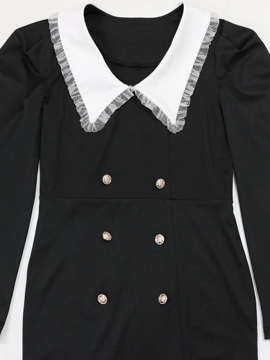 Trendy Colorblock Hem Split Doll Collar Long Sleeve Dress