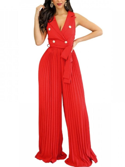 Ultramod Pleated Sleeveless Wide Leg Red Jumpsuit - Ships in 24 Hrs