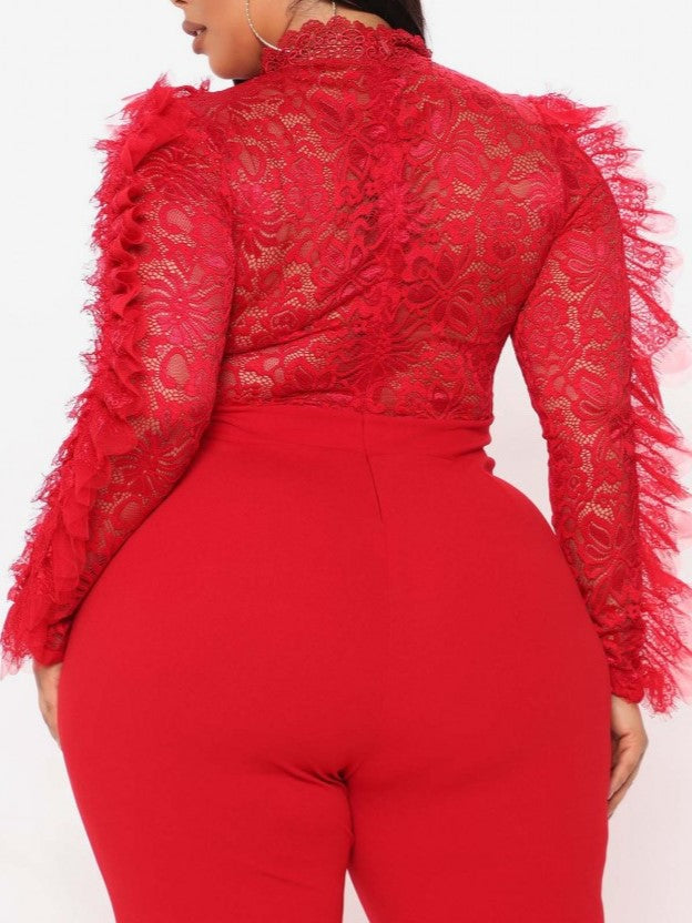 Ultramod See Through Lace Gauze Patchwork Solid Red Jumpsuit