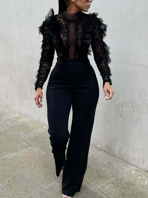 Ultramod See Through Lace Gauze Patchwork Solid Black Jumpsuit
