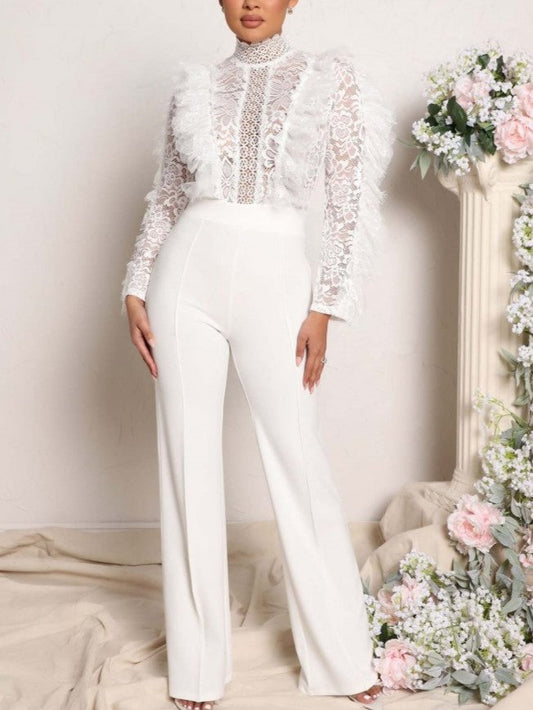 Ultramod See Through Lace Gauze Patchwork Solid White Jumpsuit - Ships in 24 Hrs
