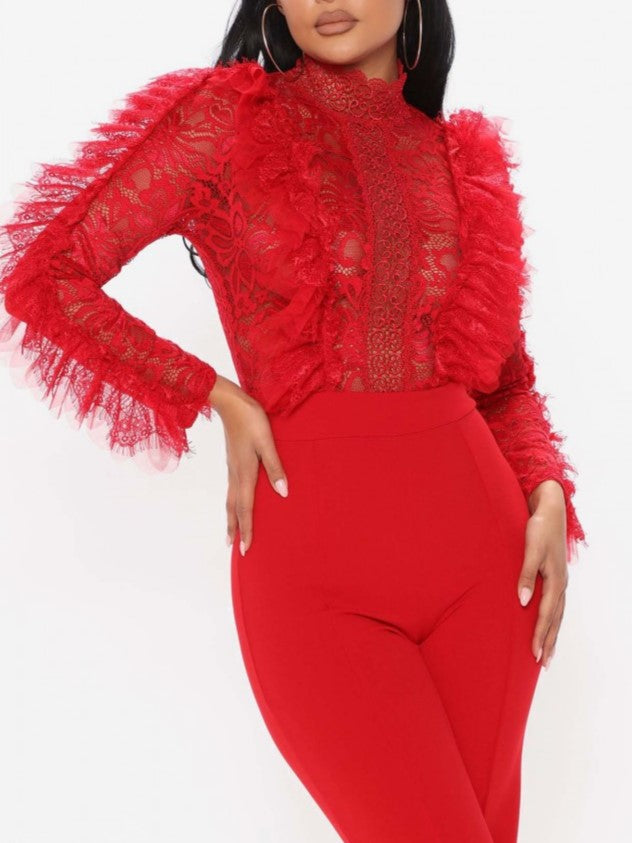 Ultramod See Through Lace Gauze Patchwork Solid Red Jumpsuit
