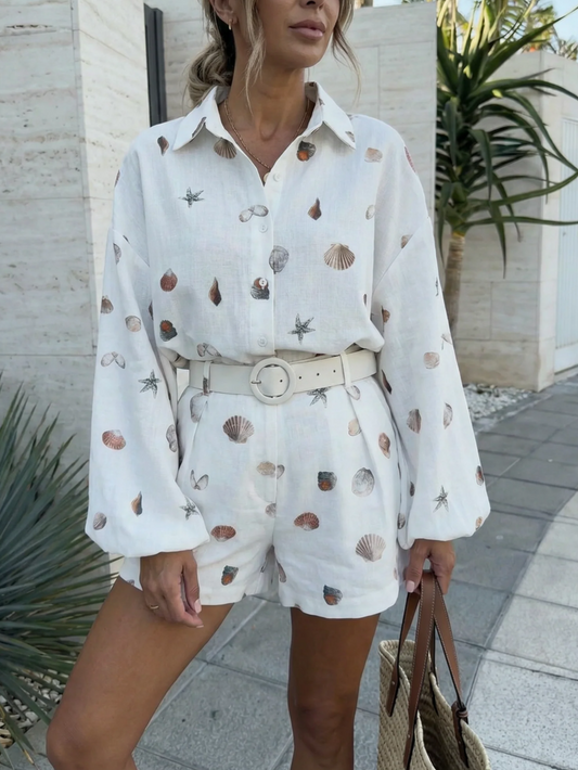 Vacay Wear Sea Shells Print Shirt With Shorts  Co Ord Set