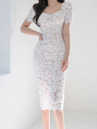 Vintage Curved Drill Lace White Pencil Dress