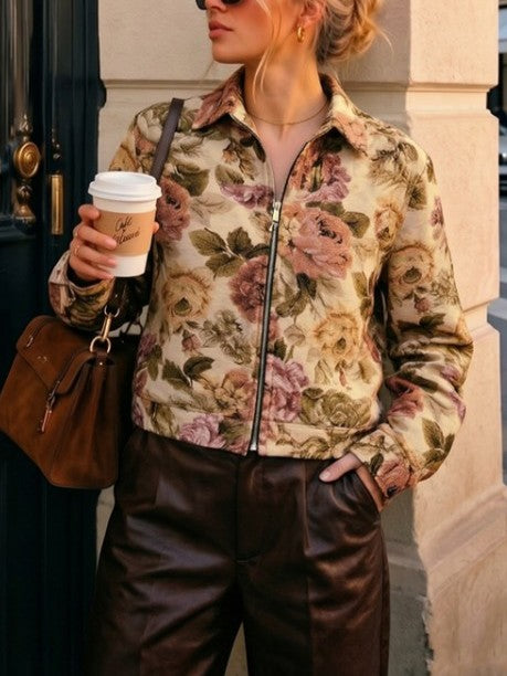 Vintage Floral Lapel Zipper Coat