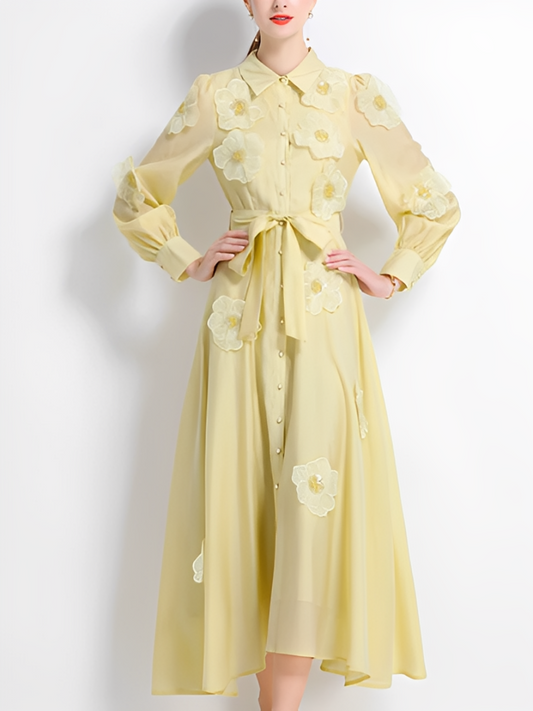 Vintage Flower Embroidery Long Sleeve Yellow Party Dress