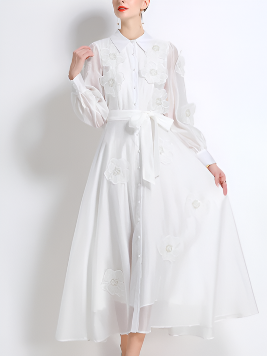 Vintage Flower Embroidery Long Sleeve White Party Dress