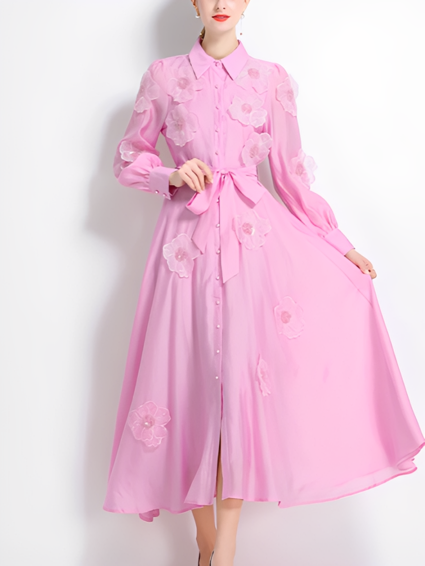Vintage Flower Embroidery Long Sleeve Pink Party Dress - Ships in 24 Hrs