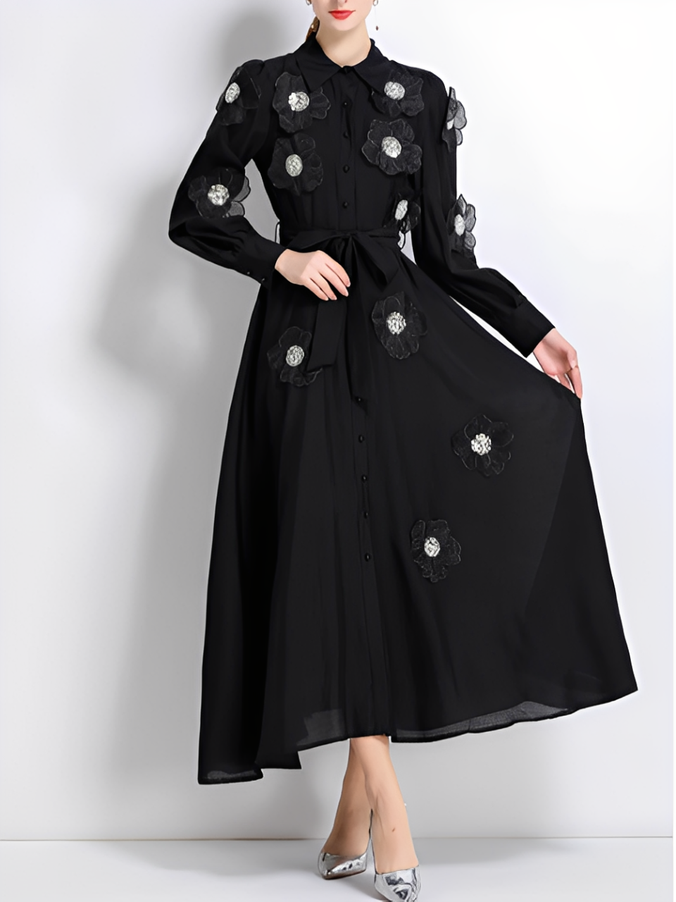 Vintage Flower Embroidery Long Sleeve Black Party Dress