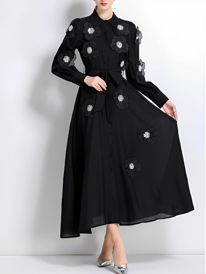 Vintage Flower Embroidery Long Sleeve Black Party Dress