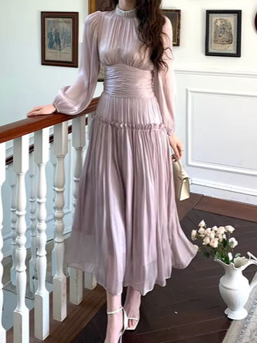 Vintage Pleated Waist Cinched Long Bubble Sleeve Beading A Line Pink Party Dress