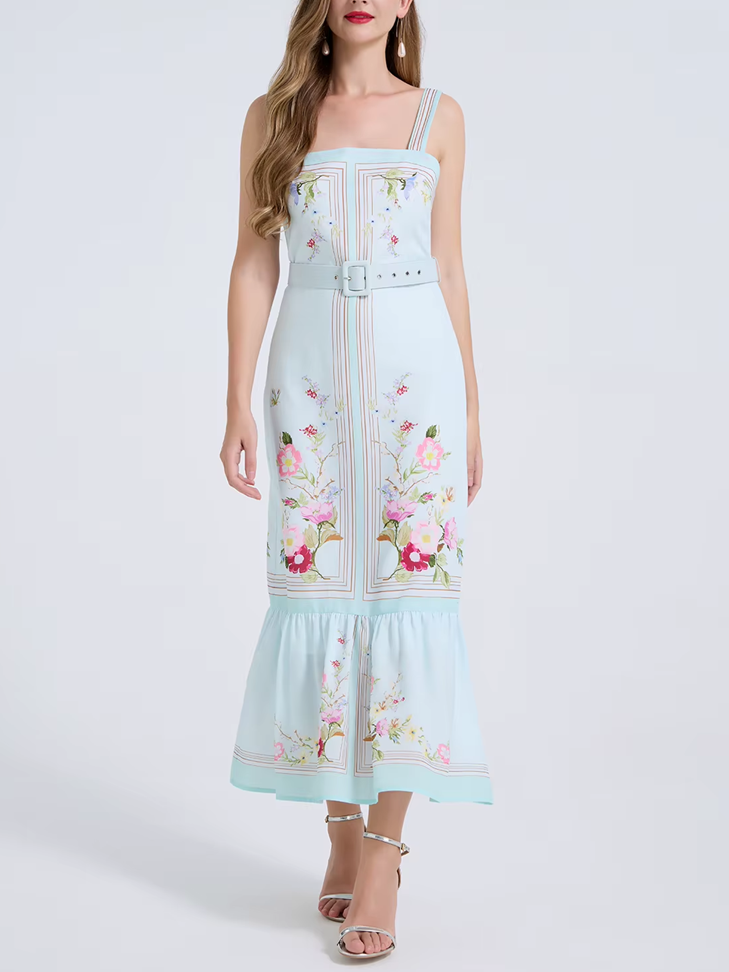 Vintage Strapless Printed Sheath Holiday Dress With Belt