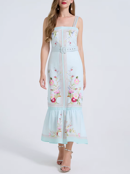Vintage Strapless Printed Sheath Holiday Dress With Belt