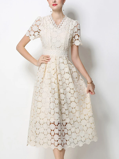 Vintage V Neck Summer Crochet Short Sleeve Apricot Lace Dress
