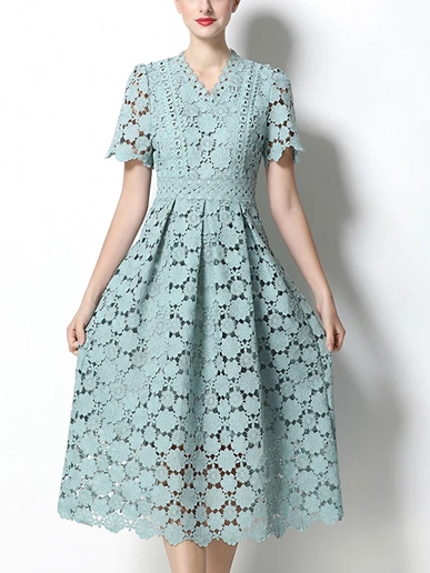 Vintage V Neck Summer Crochet Short Sleeve Green Lace Dress