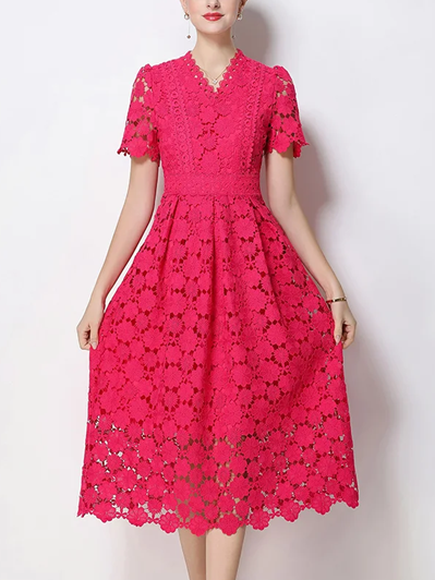Vintage V Neck Summer Crochet Short Sleeve Pink Lace Dress
