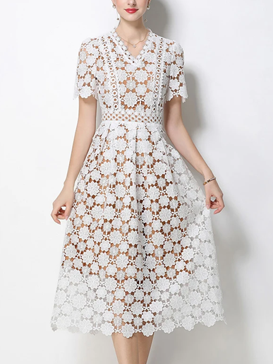 Vintage V Neck Summer Crochet Short Sleeve White Lace Dress