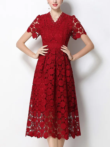 Vintage V Neck Summer Crochet Short Sleeve Red Lace Dress