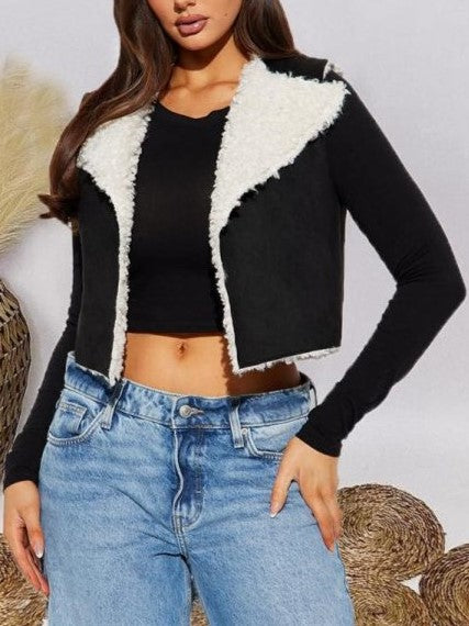 Winter Essential Fluff Cropped Black Lapel Vest