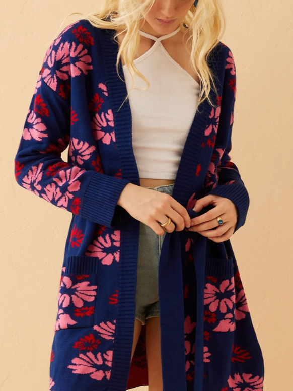 Winter Essential Royal Blue Long Sleeve Floral Cardigan