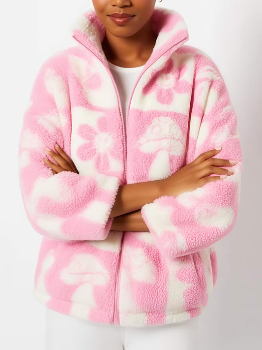 Winter Essentials Stand Collar Fleece Pink Zipper Coat
