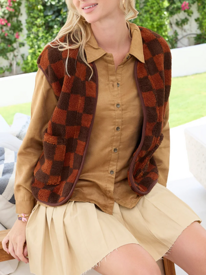 Winter Fashion Brown Checkered Sleeveless Vest Jacket