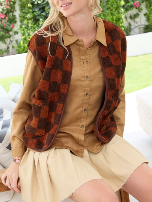 Winter Fashion Brown Checkered Sleeveless Vest Jacket