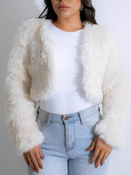 Winter Fashion Fluff Fitted Collarless Long Sleeve White Coat