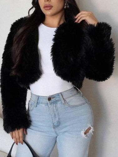 Winter Fashion Fluff Fitted Collarless Long Sleeve Black Coat