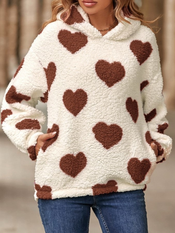 Winter Fashion Heart Pattern Khaki Fluff Hoodie