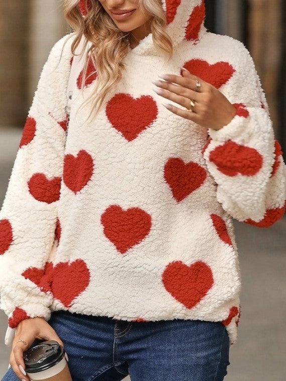 Winter Fashion Heart Pattern Red Fluff Hoodie - Ships in 24 Hrs
