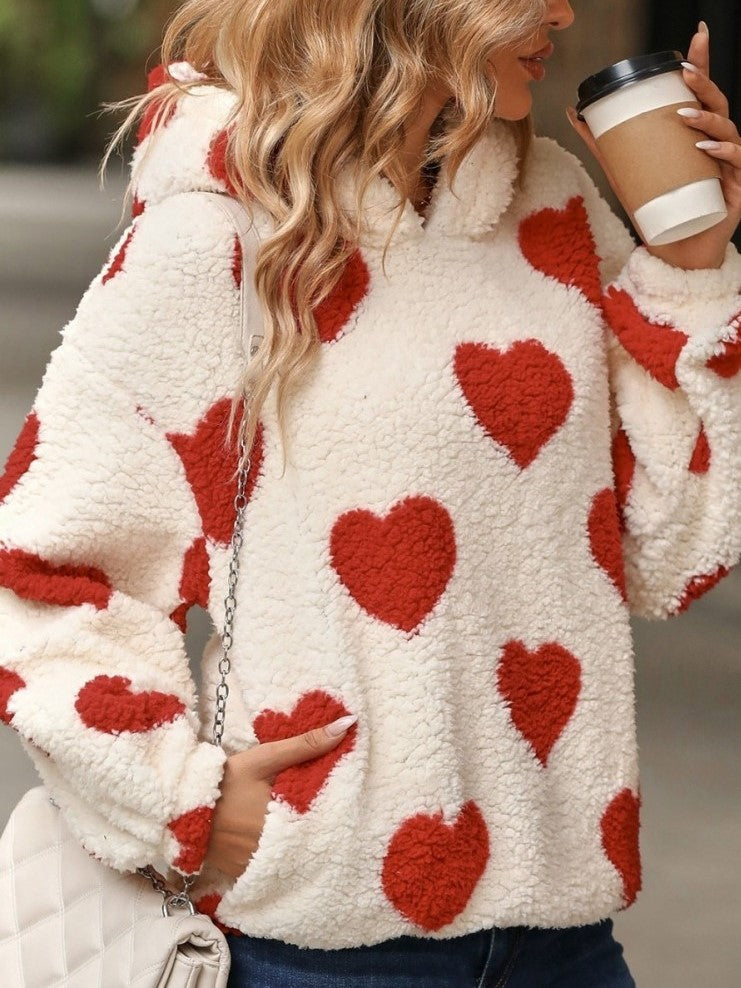 Winter Fashion Heart Pattern Red Fluff Hoodie - Ships in 24 Hrs
