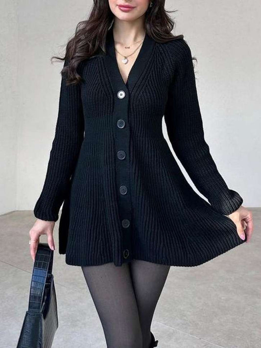 Winter Fashion Long Sleeve Single Breasted Black Dress