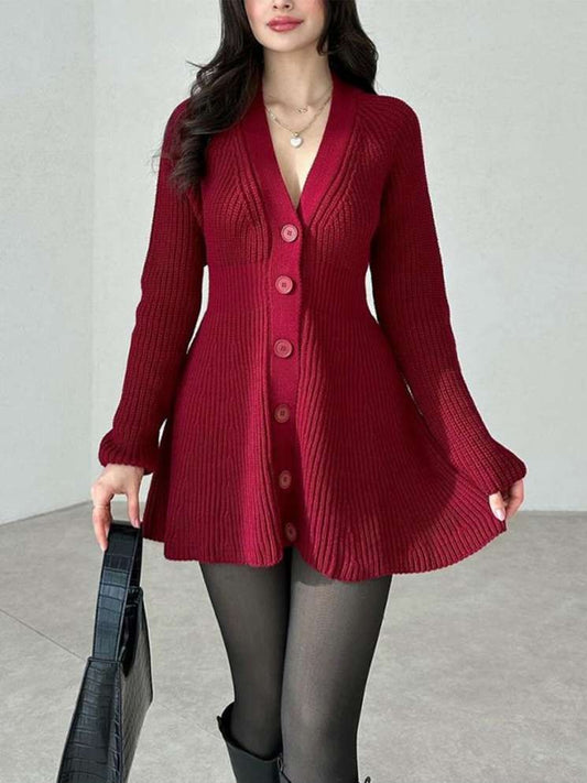 Winter Fashion Long Sleeve Single Breasted Red Dress