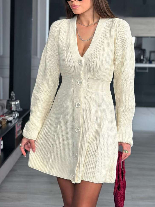 Winter Fashion Long Sleeve Single Breasted White Dress