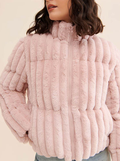 Winter Fashion PInk Faux Fur Stand Collar Short Coat