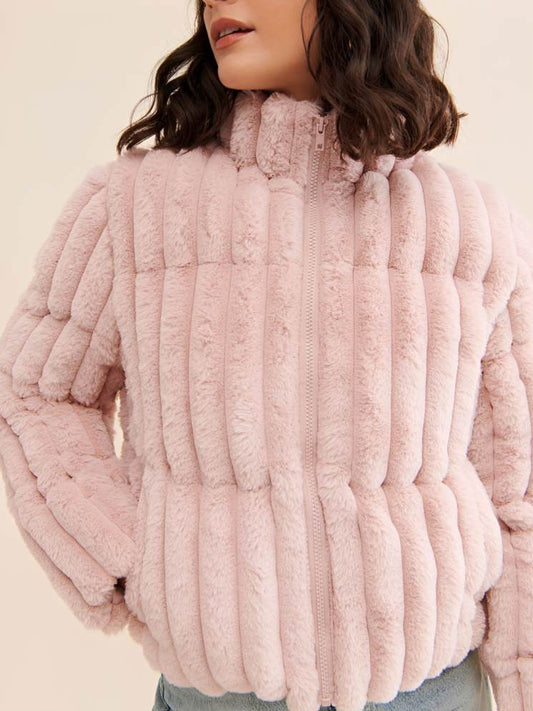 Winter Fashion PInk Faux Fur Stand Collar Short Coat