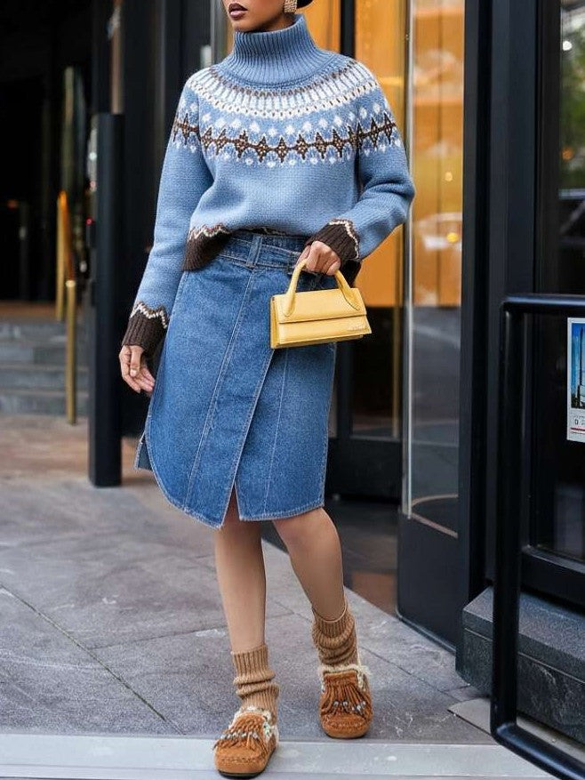 Winter Fashion Polo Neck Knit Blue Sweater
