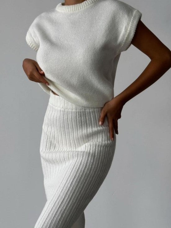Winter Must Have! Solid High Rise Sweater White Skirt Set
