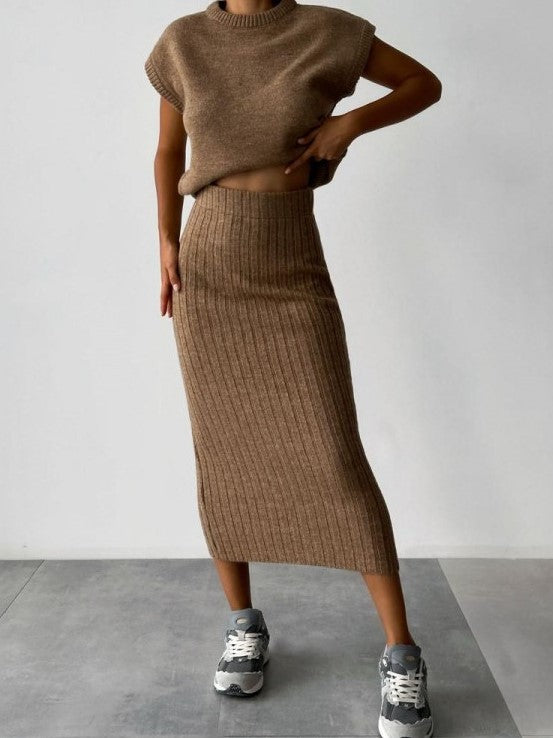 Winter Must Have! Solid High Rise Sweater Brown Skirt Set