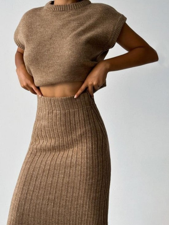 Winter Must Have! Solid High Rise Sweater Brown Skirt Set