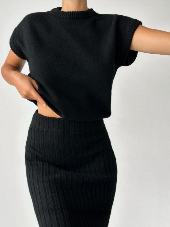 Winter Must Have! Solid High Rise Sweater Black Skirt Set