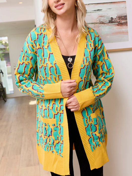 Winter Style Bright Long Sleeve Abstract Cardigan